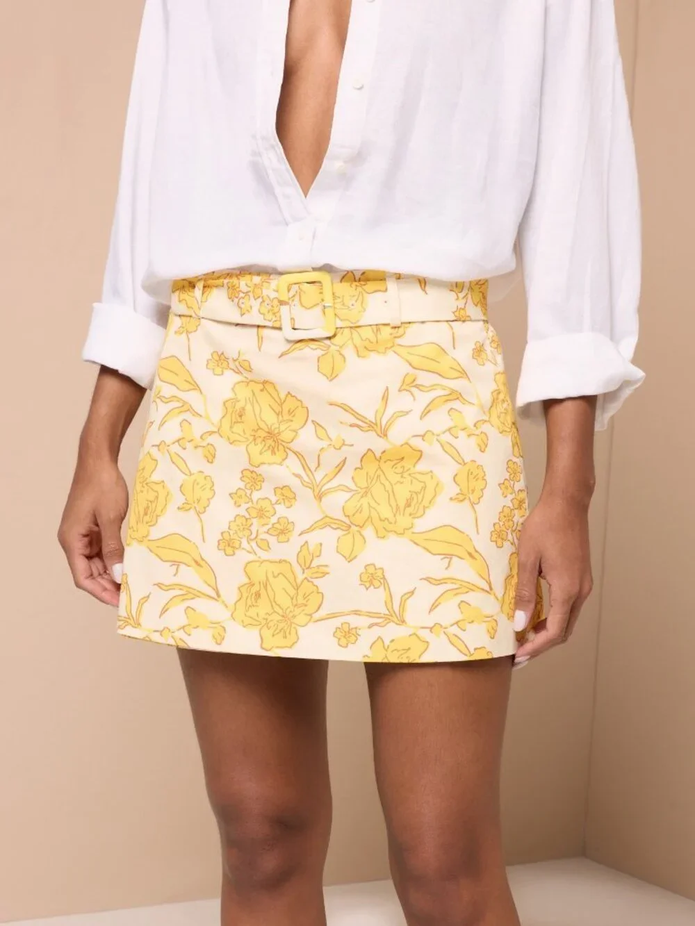 Yellow Casual Women's Floral Belted Skort Mini with Built-In Shorts Vacation